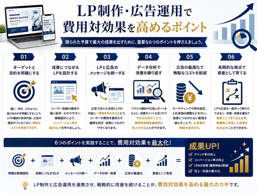 LP制作・広告運用で費用対効果を高めるポイントを図解で解説｜成果につながるLP設計・広告最適化・データ分析の重要性