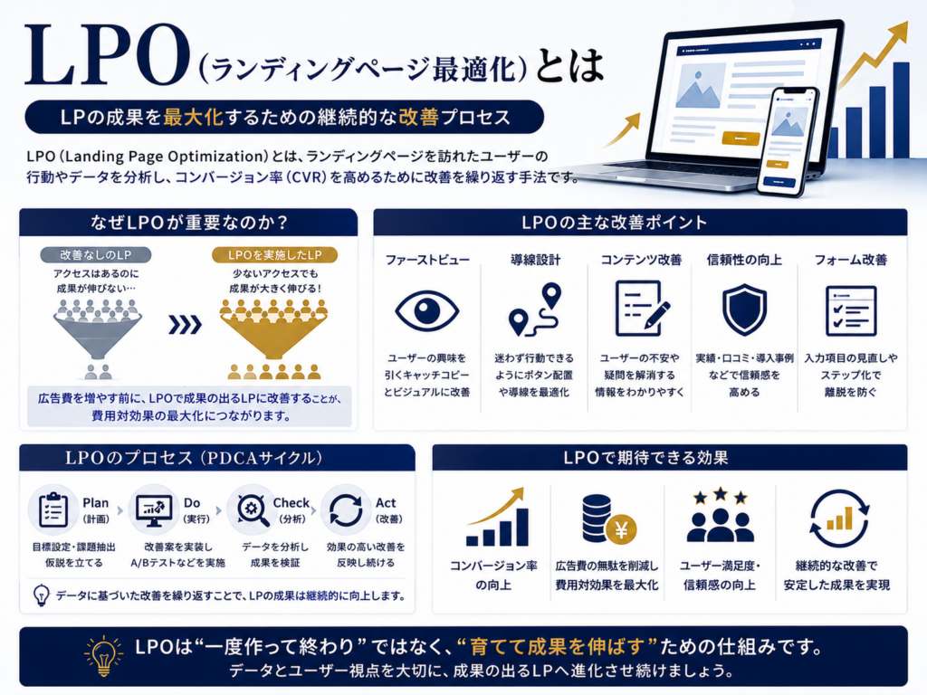 LPO（ランディングページ最適化）とは何かを図解で解説｜コンバージョン率を高める改善ポイントやPDCAの流れを紹介