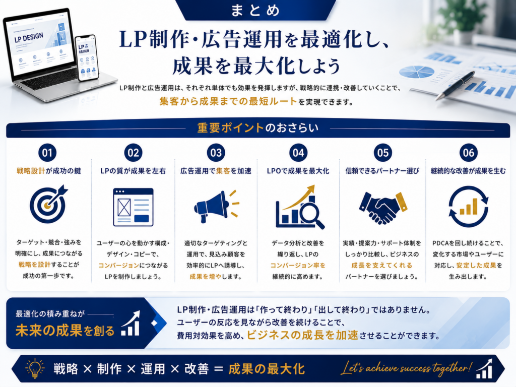 LP制作・広告運用のまとめを図解で解説｜成果を最大化するための重要ポイントと成功のポイントを総まとめ