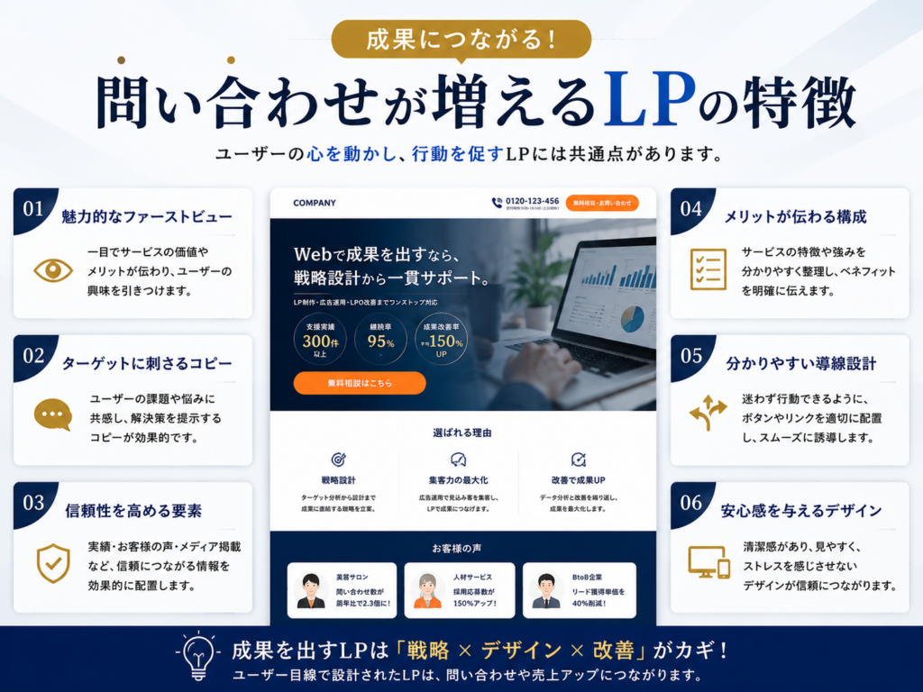 問い合わせが増えるLPの特徴を図解で解説｜成果につながるLP制作・広告運用・LPO改善のポイントを紹介