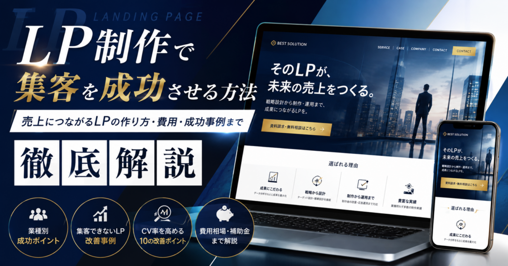 LP制作で集客を成功させる方法を解説するアイキャッチ画像｜売上につながるLPの作り方・費用・成功事例を紹介