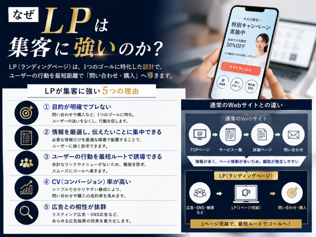 なぜLPは集客に強いのかを解説した図解|ランディングページが問い合わせ・売上につながる5つの理由とホームページとの違い