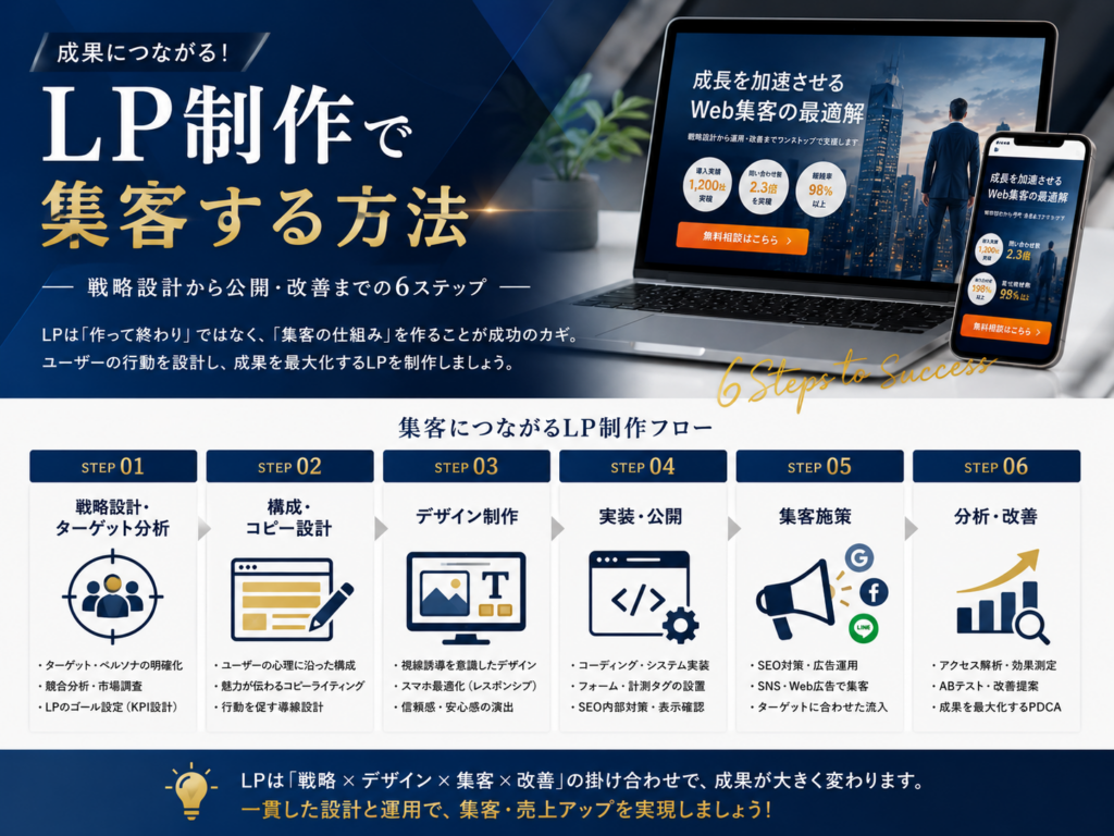 LP制作で集客する方法を解説した図解|戦略設計から公開・改善までの流れとSEO・広告運用による集客方法を紹介