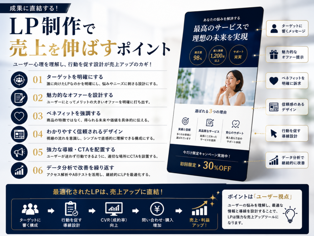 LP制作で売上を伸ばすポイントを解説した図解|ターゲット設定・CTA・CV率改善・データ分析など成果につながる6つのポイント