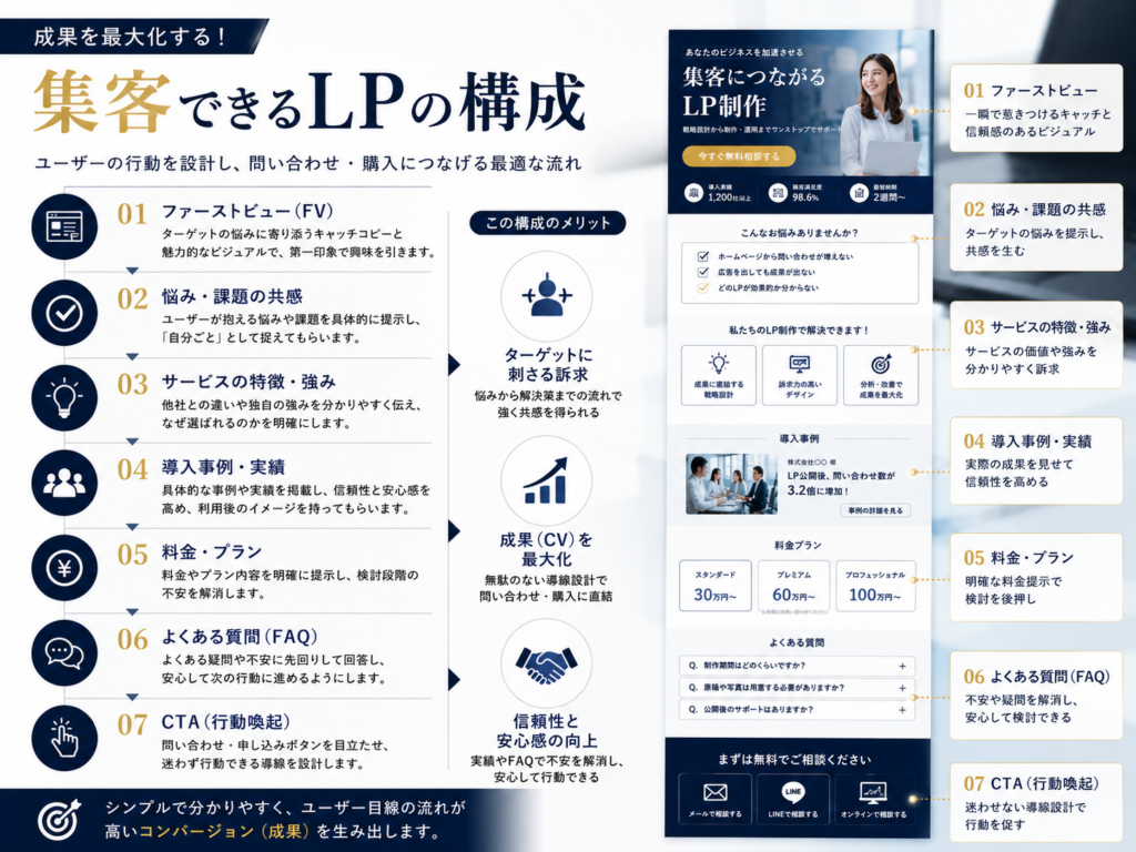 集客できるLPの構成を解説した図解|ファーストビュー・実績・料金・FAQ・CTAまで成果につながるLP設計の流れ