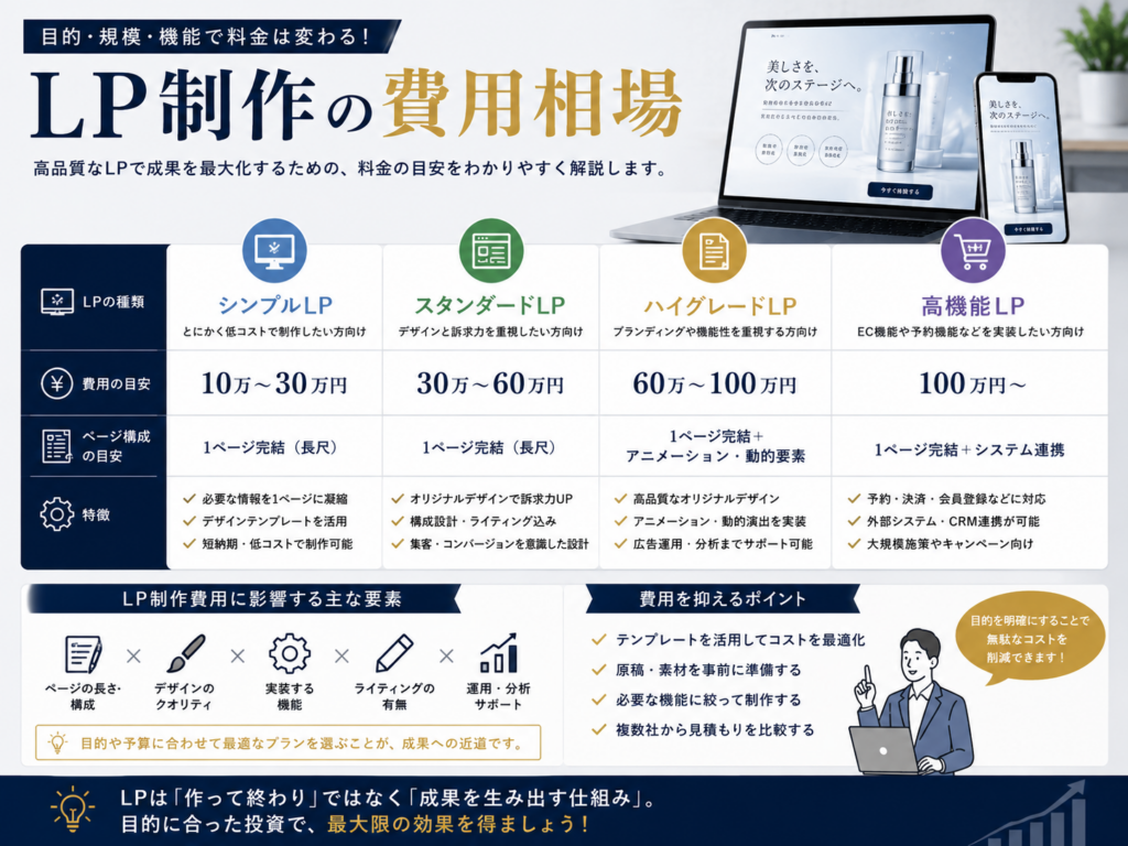 LP制作費用の相場を解説した図解|制作プラン別の料金目安・費用を左右する要素・コストを抑えるポイントを紹介