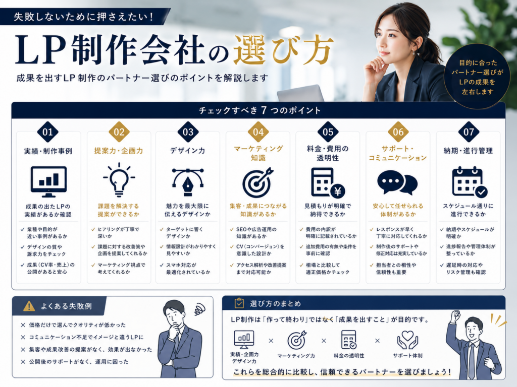 LP制作会社の選び方を解説した図解|実績・提案力・デザイン・マーケティング・費用・サポートなど失敗しない7つの比較ポイント