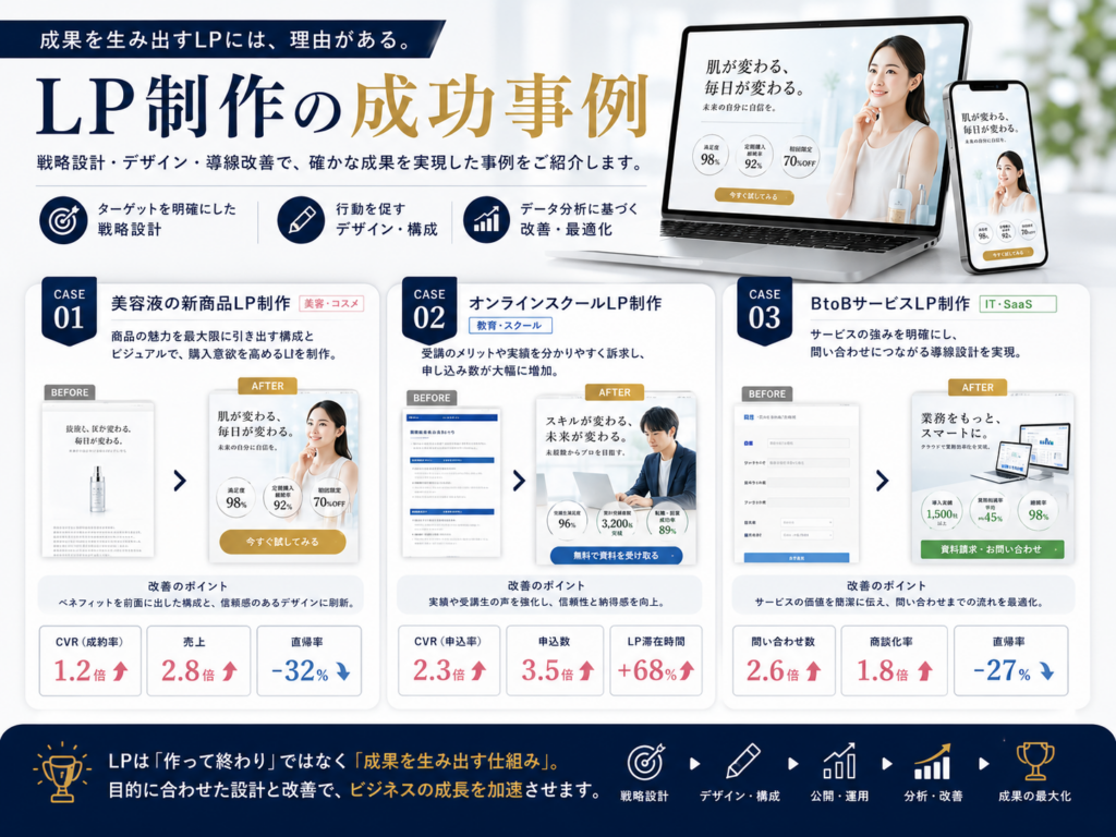 LP制作の成功事例を紹介した図解|CV率・問い合わせ・売上アップにつながる改善事例と成果を解説