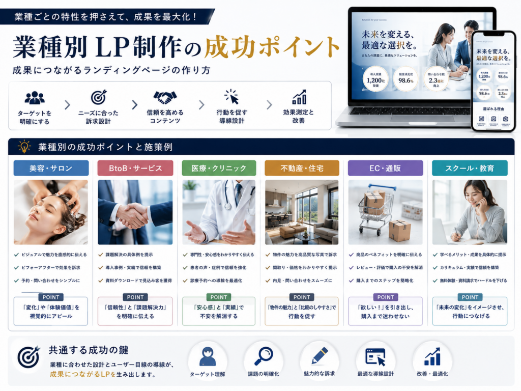 業種別LP制作の成功ポイントを解説した図解|美容室・BtoB・クリニック・不動産・EC・スクール向けランディングページの作り方
