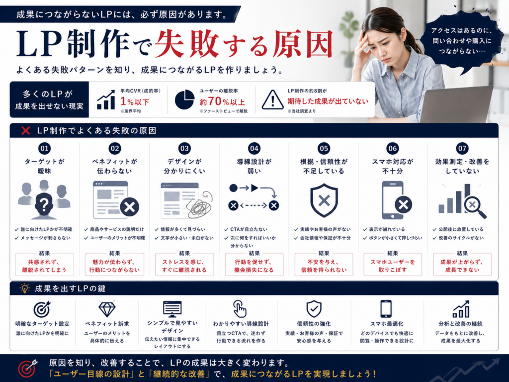 LP制作で失敗する原因を解説した図解|成果が出ない7つの原因と問い合わせ・CV率を改善するポイントを紹介