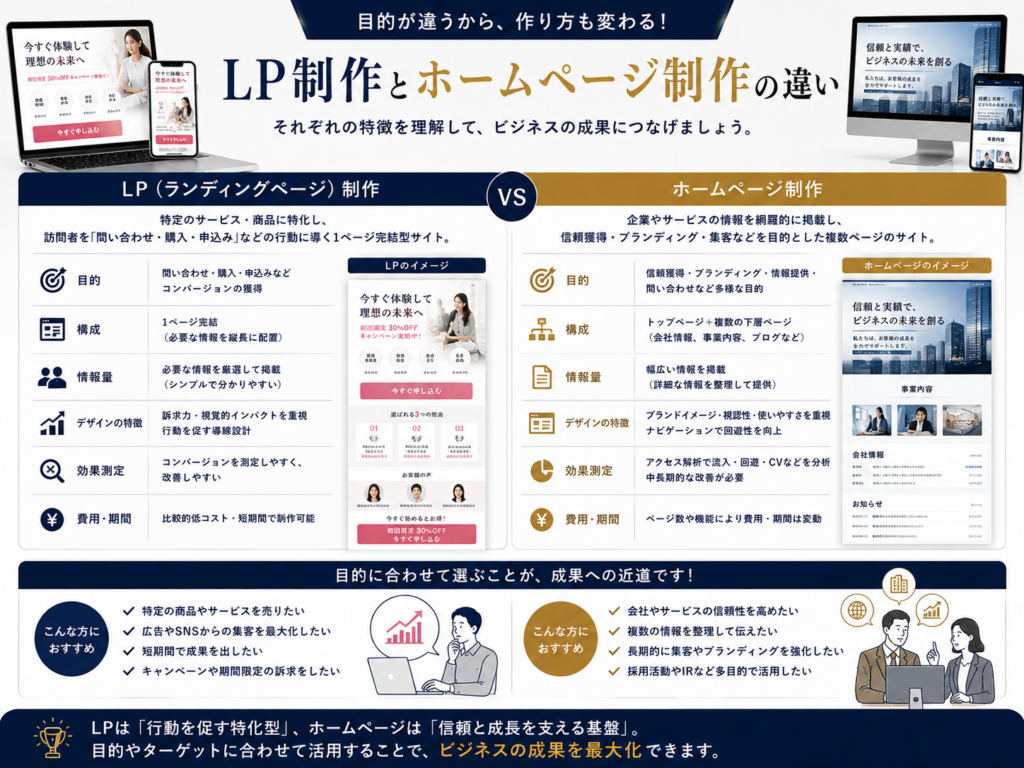 LP制作とホームページ制作の違いを比較した図解|目的・構成・費用・集客効果の違いをわかりやすく解説