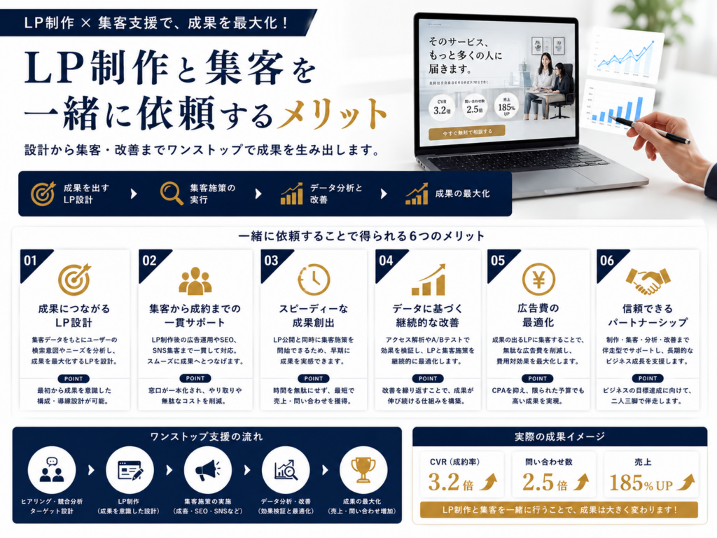 LP制作と集客を一緒に依頼するメリットを解説した図解|SEO・広告運用・アクセス解析まで一括対応で成果を最大化する方法