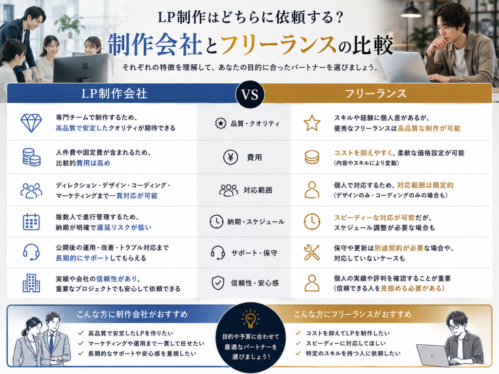 LP制作会社とフリーランスの違い、LP制作とホームページ制作の違いを比較した図解|費用・特徴・目的・選び方をわかりやすく解説
