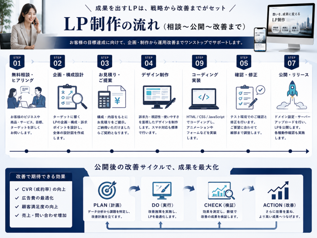 LP制作の流れを解説した図解|無料相談・企画・デザイン・公開・改善まで成果につながる制作プロセスを紹介