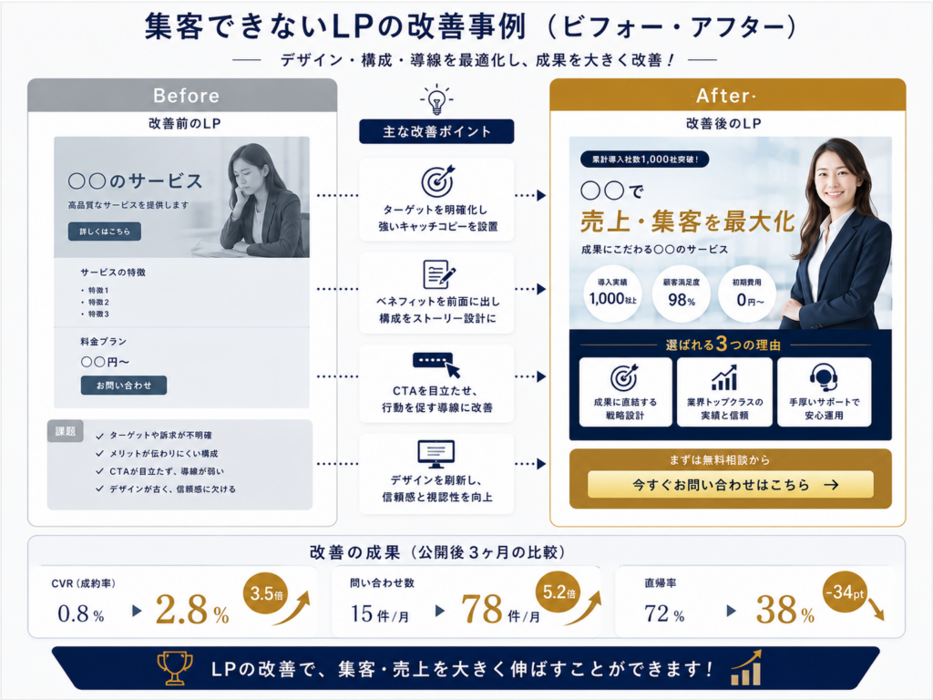 集客できないLPの改善事例をビフォー・アフターで比較した図解|CV率・問い合わせ数・直帰率の改善ポイントを解説
