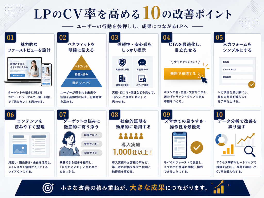 LPのCV率を高める10の改善ポイントを解説した図解|ファーストビュー・CTA・フォーム・スマホ最適化・データ分析によるコンバージョン改善策