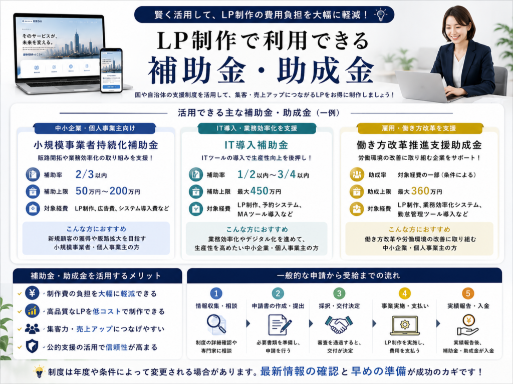 LP制作で利用できる補助金・助成金を解説した図解|小規模事業者持続化補助金・IT導入補助金・働き方改革推進支援助成金の概要と申請の流れ