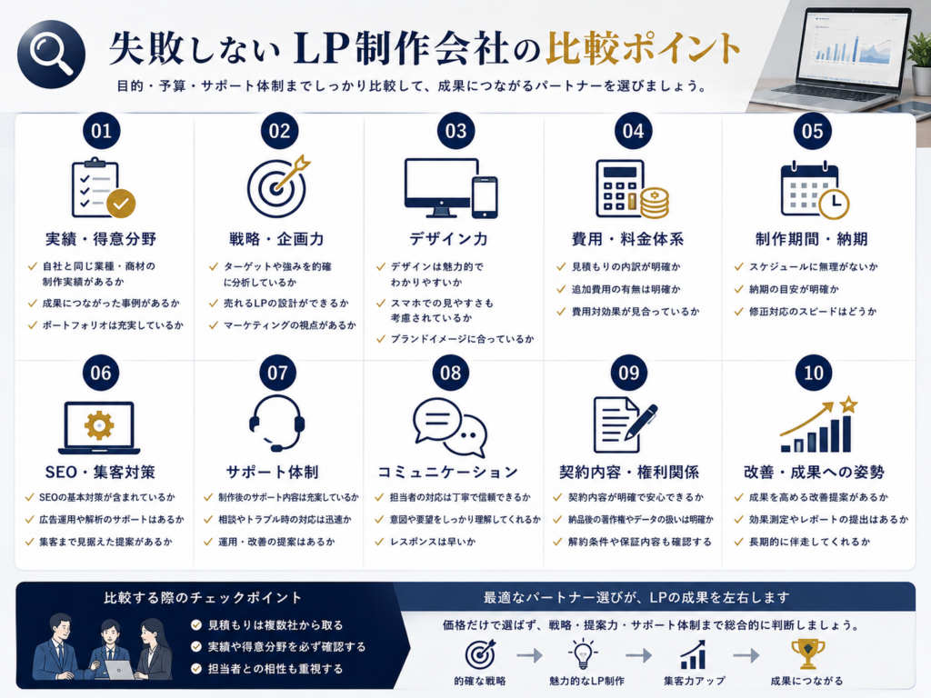失敗しないLP制作会社の比較ポイントを解説した図解|実績・費用・SEO・サポート体制・制作会社の選び方を比較