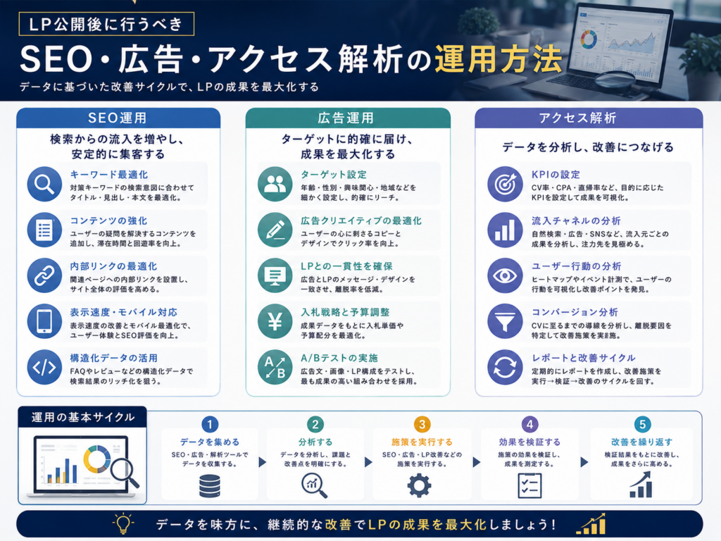 LP公開後に行うべきSEO・広告・アクセス解析の運用方法を解説した図解|検索流入・広告運用・データ分析・改善サイクルで成果を最大化する方法