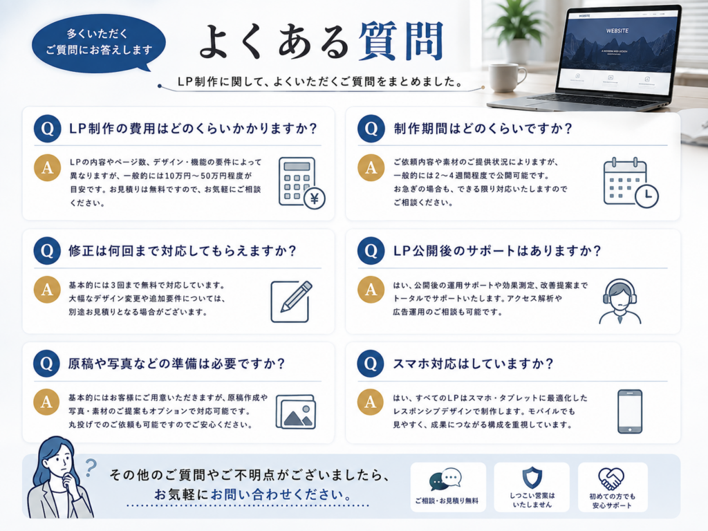 LP制作でよくある質問をまとめた図解|費用・制作期間・修正対応・公開後のサポート・スマホ対応について解説