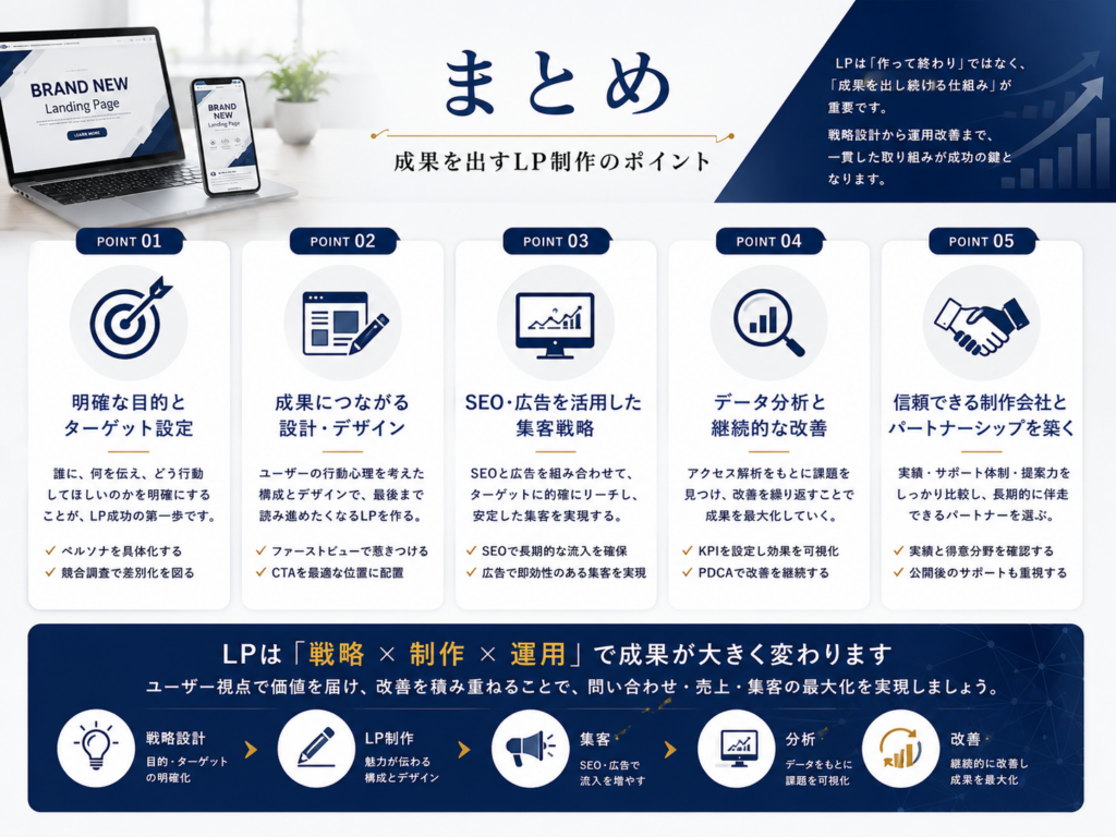 LP制作で集客を成功させるポイントをまとめた図解|成果につながる設計・SEO・広告運用・アクセス解析・継続改善の重要性を解説