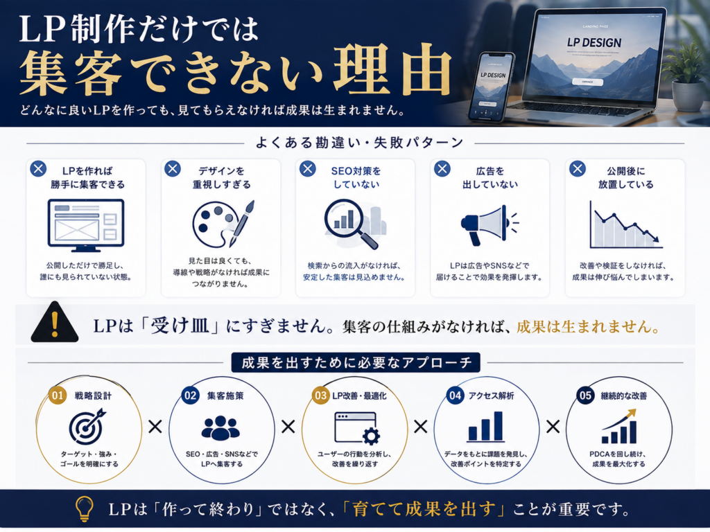LP制作だけでは集客できない理由を解説した図解|SEO・広告運用・アクセス解析・継続改善が成果につながるポイントを紹介