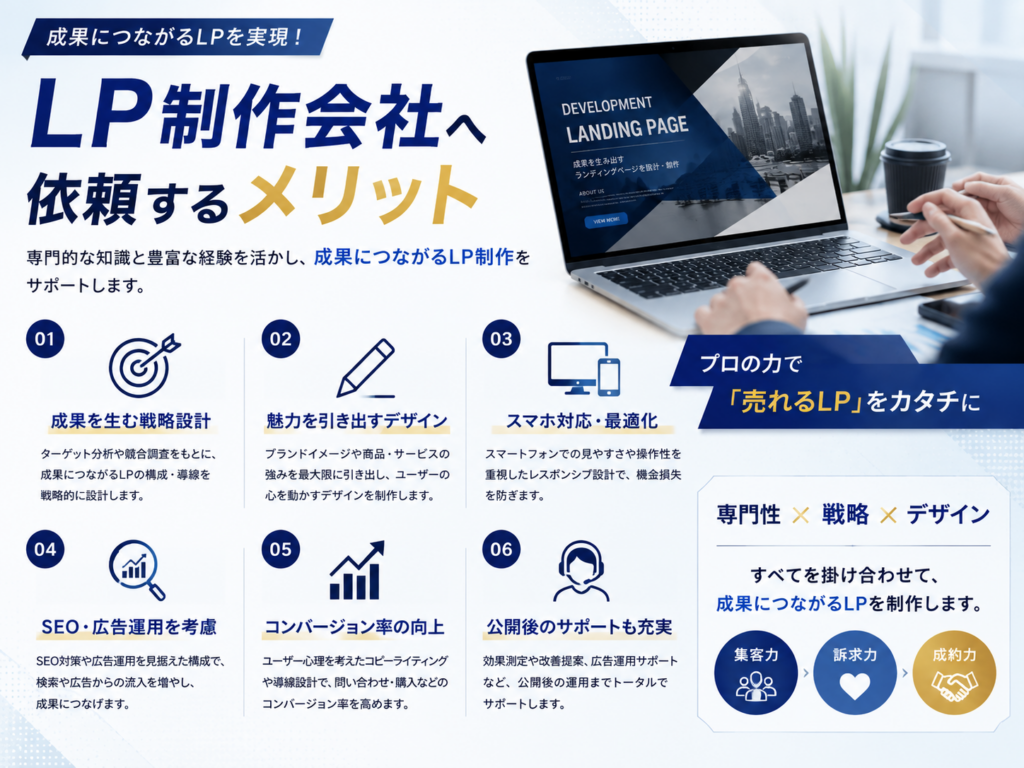 LP制作会社へ依頼するメリットを解説した画像｜戦略設計・デザイン・SEO対策・広告運用・公開後サポートまで対応