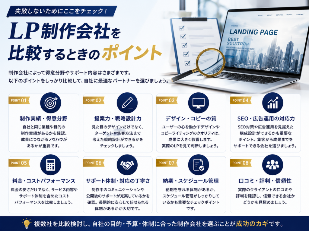 LP制作会社を比較するときのポイントを解説した画像｜制作実績・提案力・デザイン・SEO対策・費用・サポート体制を比較