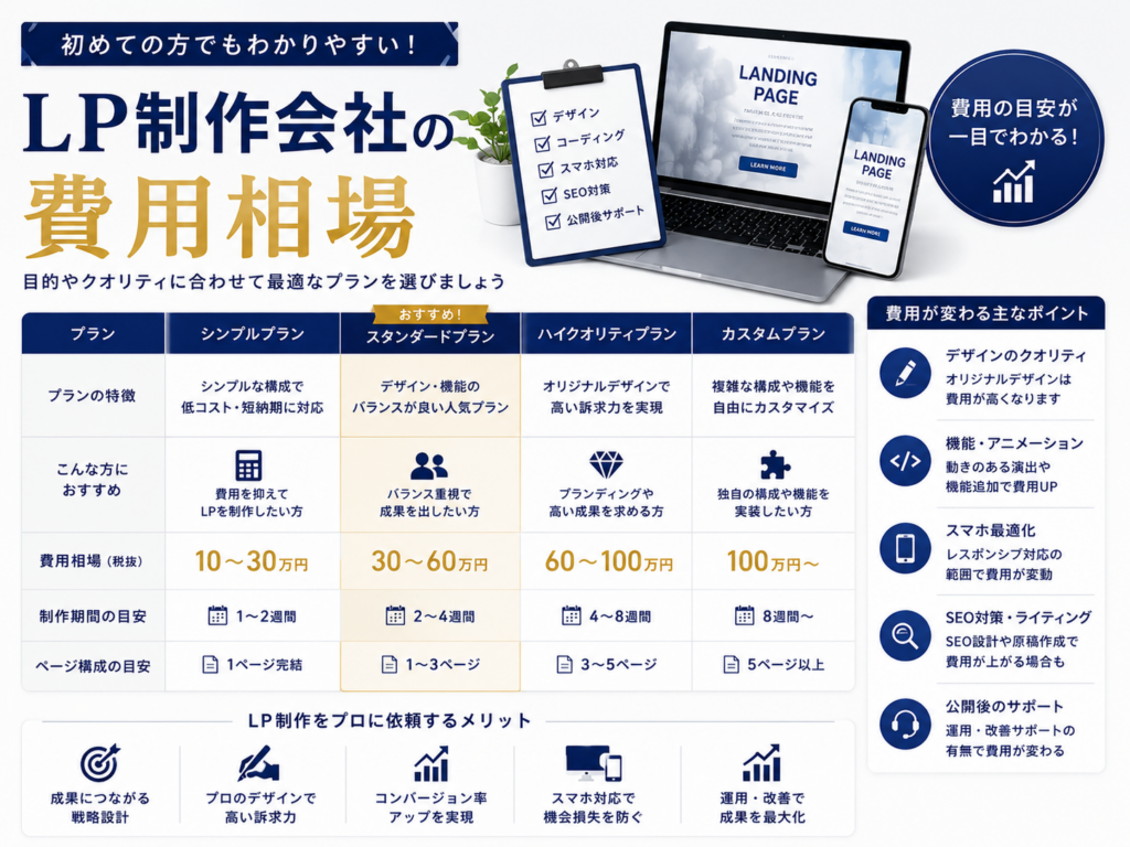 LP制作会社の費用相場を解説した画像｜料金目安・プラン別費用・制作期間・費用が変わるポイントを紹介