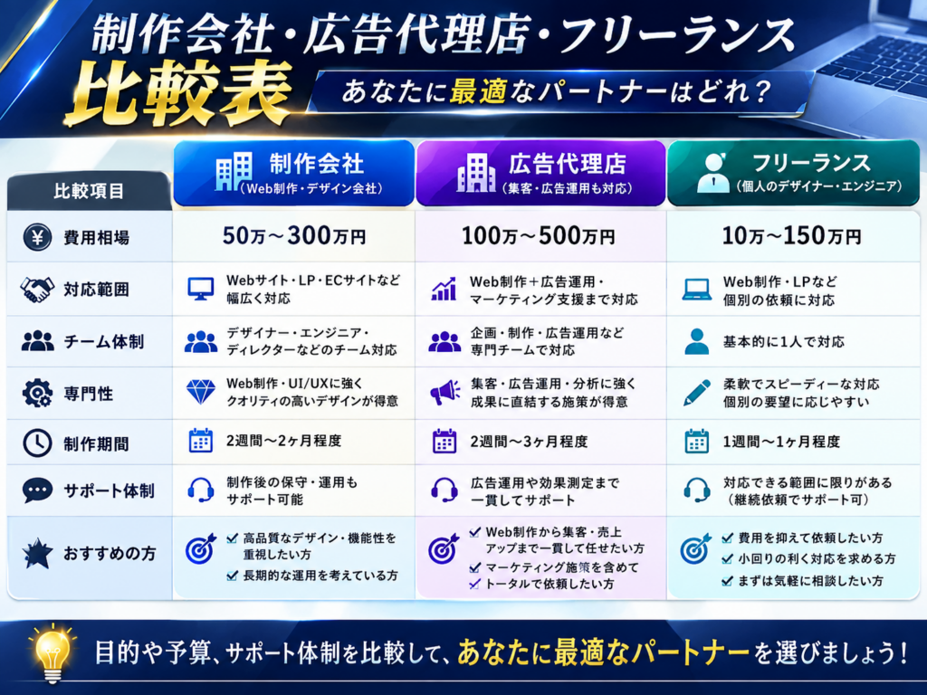 制作会社・広告代理店・フリーランスの比較表｜費用・対応範囲・制作期間・サポート体制・おすすめの方を比較