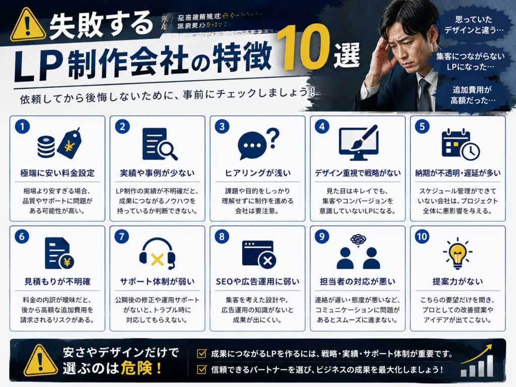 失敗するLP制作会社の特徴10選を解説した画像｜制作会社選びで注意したいポイントや失敗例を紹介
