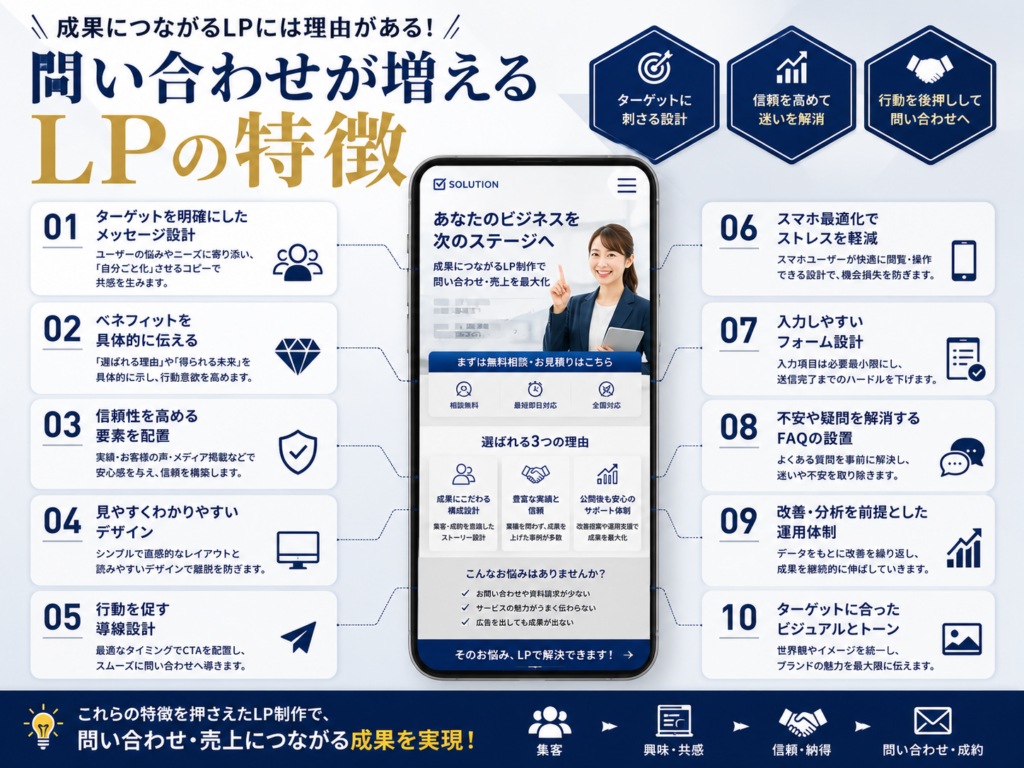 問い合わせが増えるLPの特徴を解説した画像｜成果につながる構成・CTA・導線設計・スマホ最適化を紹介