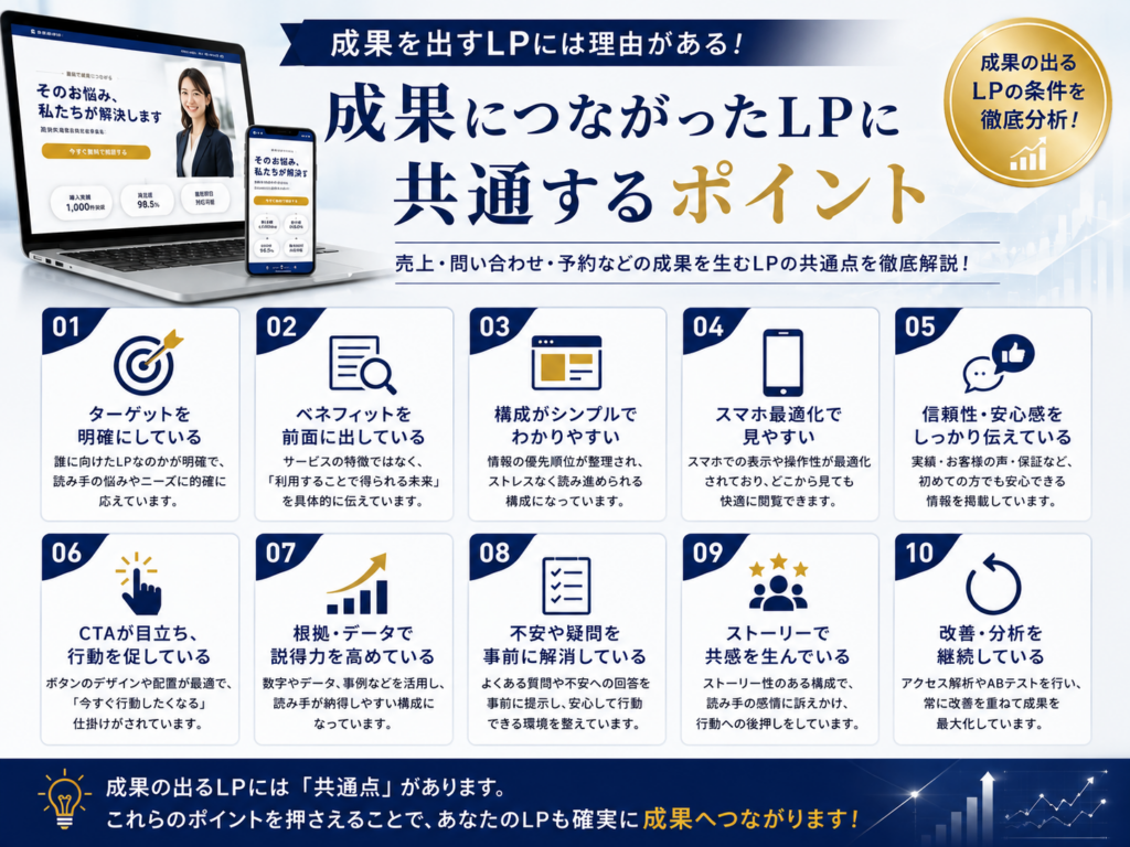 成果につながったLPに共通するポイントを解説した画像｜CV率向上・問い合わせ増加につながるLP設計のポイントを紹介