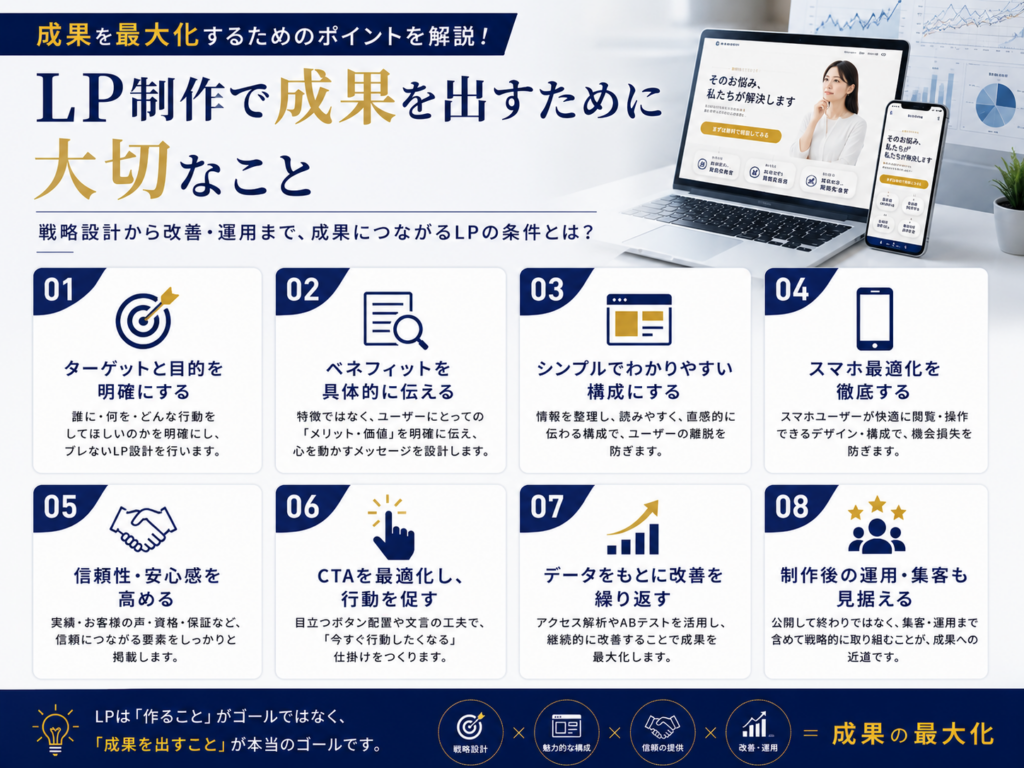 LP制作で成果を出すために大切なことを解説した画像｜ターゲット設計・CTA・導線設計・改善運用のポイントを紹介