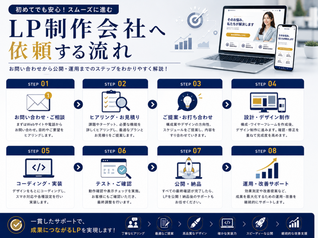 LP制作会社へ依頼する流れを解説した画像｜お問い合わせから公開・運用改善までの制作ステップを紹介