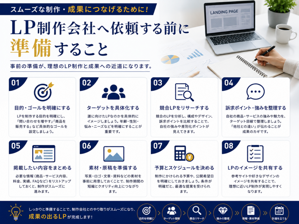 LP制作会社へ依頼する前に準備することを解説した画像｜目的設定・ターゲット・予算・素材準備・制作前のチェックポイントを紹介