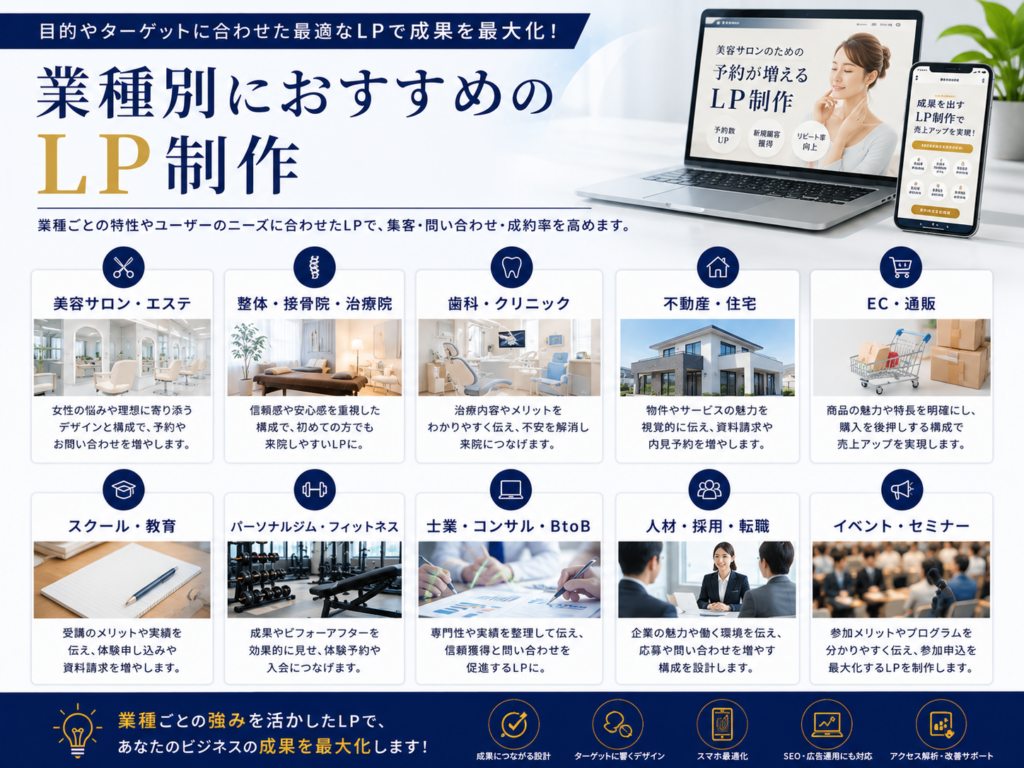 業種別におすすめのLP制作を紹介した画像｜美容・整体・歯科・不動産・EC・採用など業種に合わせたLP制作を解説