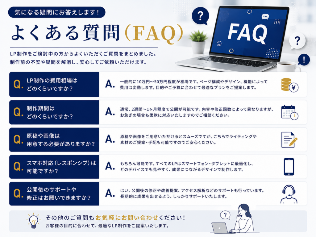 LP制作会社に関するよくある質問（FAQ）を解説した画像｜費用・制作期間・公開後サポートなどの疑問を紹介
