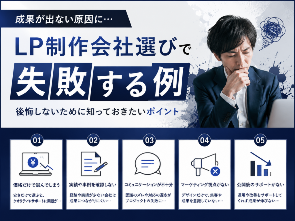 LP制作会社選びで失敗する例を解説した画像｜費用・実績・サポート・マーケティング視点など失敗しない選び方を紹介