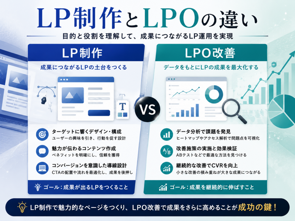 LP制作とLPOの違いを比較し、それぞれの役割や特徴をわかりやすく解説