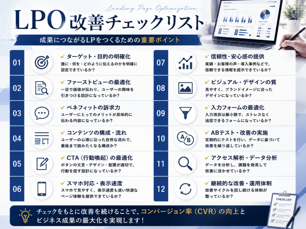 LPO改善チェックリストをわかりやすくまとめたイメージ画像｜成果につながるランディングページ改善の重要ポイントを解説