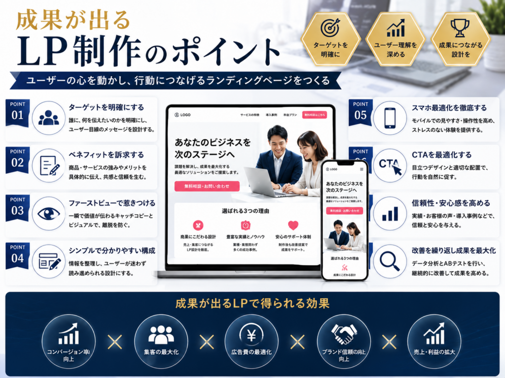 成果が出るLP制作のポイントをわかりやすく解説｜ターゲット設定・CTA・スマホ対応・信頼性向上の重要ポイント