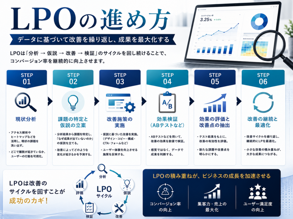 LPOの進め方をわかりやすく解説｜分析・改善・ABテスト・効果検証の流れを紹介