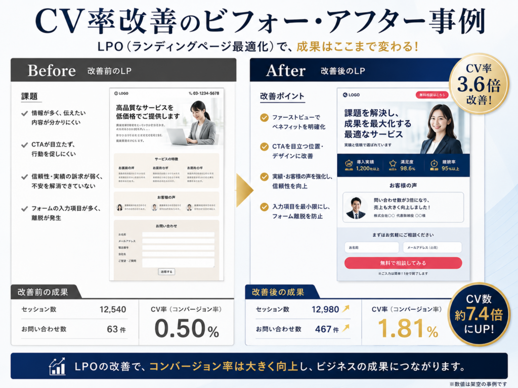 CV率改善のビフォー・アフター事例を比較｜LPOによるコンバージョン率向上と問い合わせ増加の改善事例