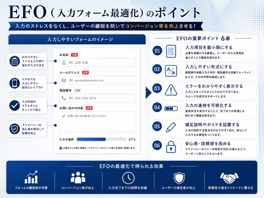 EFO（入力フォーム最適化）のポイントをわかりやすく解説｜フォーム離脱防止・入力しやすい設計・コンバージョン率向上の改善ポイントを紹介
