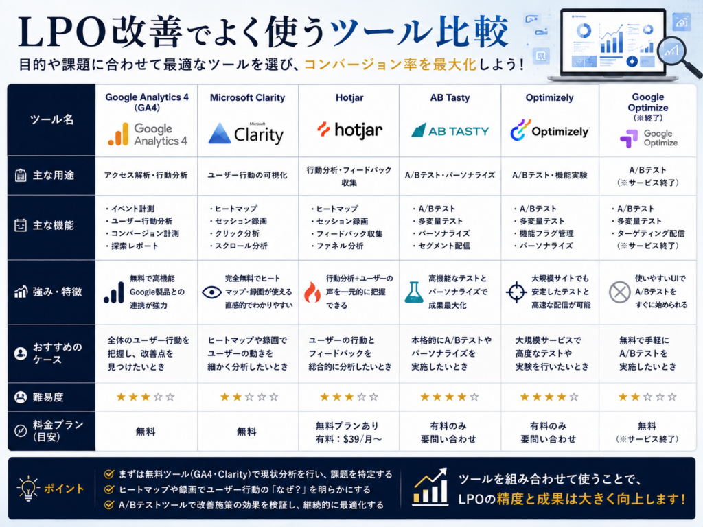 LPO改善でよく使うツール比較をわかりやすく解説｜GA4・Microsoft Clarity・Hotjar・ABテストツールの特徴を比較