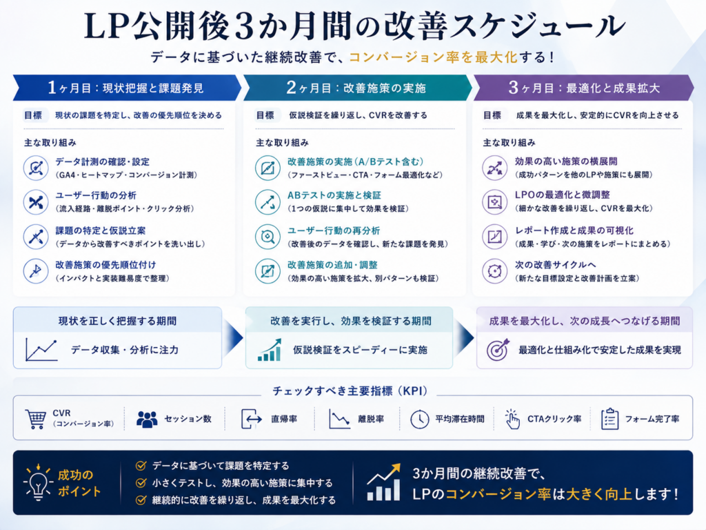 LP公開後3か月間の改善スケジュールをわかりやすく解説｜LPO改善の進め方・ABテスト・CVR向上までの流れを紹介