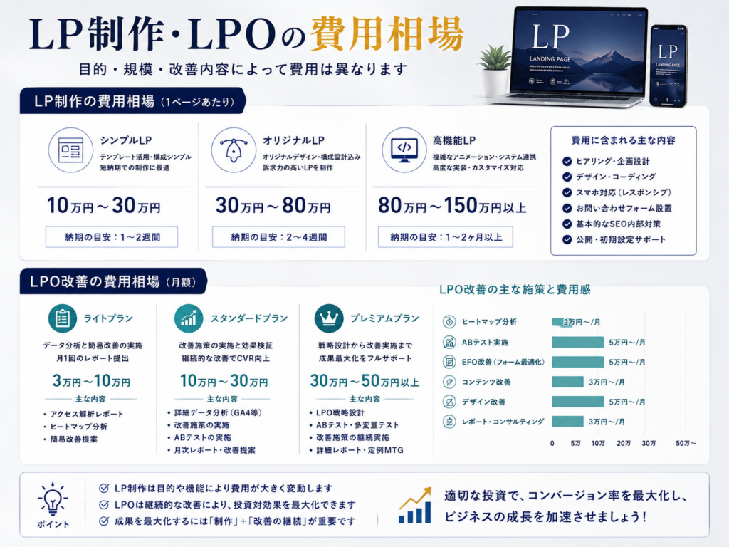 LP制作・LPOの費用相場をわかりやすく解説｜制作費・LPO改善費用・料金の目安とサービス内容を紹介