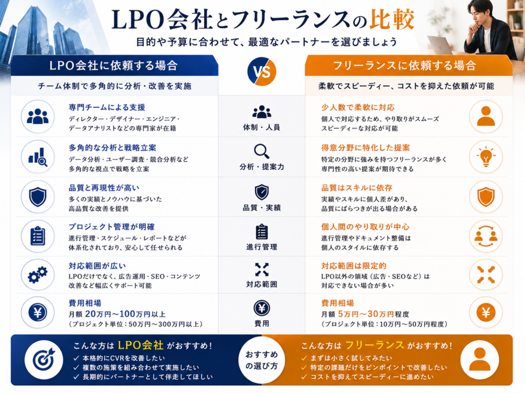 LPO会社とフリーランスの比較をわかりやすく解説｜費用・対応範囲・分析力・サポート体制の違いを比較