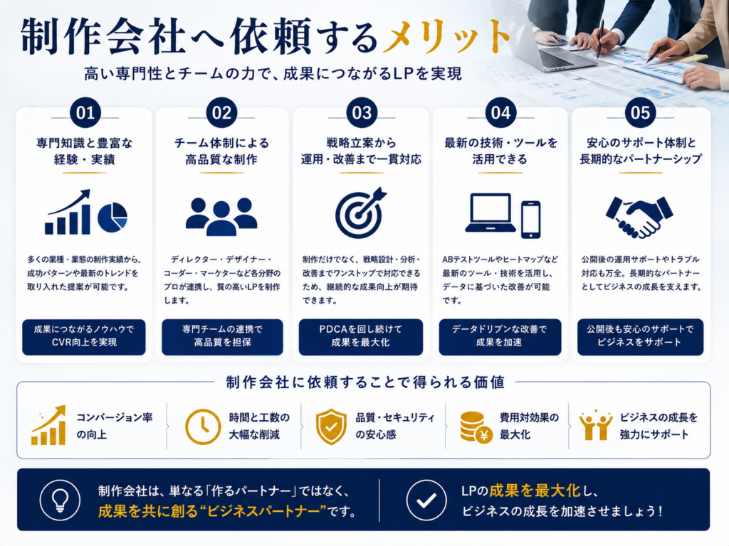 制作会社へ依頼するメリットをわかりやすく解説｜専門知識・チーム体制・LPO改善・運用サポートの強みを紹介